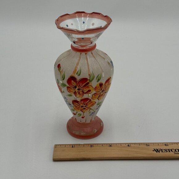 Tracy Porter Hand Painted Clear Blown Glass Bud Vase Floral Flowers Ruffled Edge - Picture 10 of 10